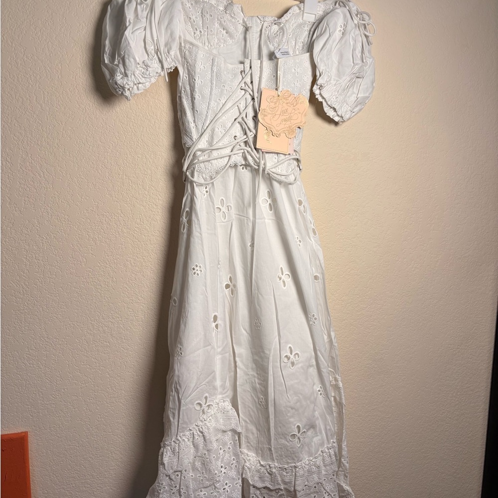 LACEMADE White Eyelet Lace-Up Dress